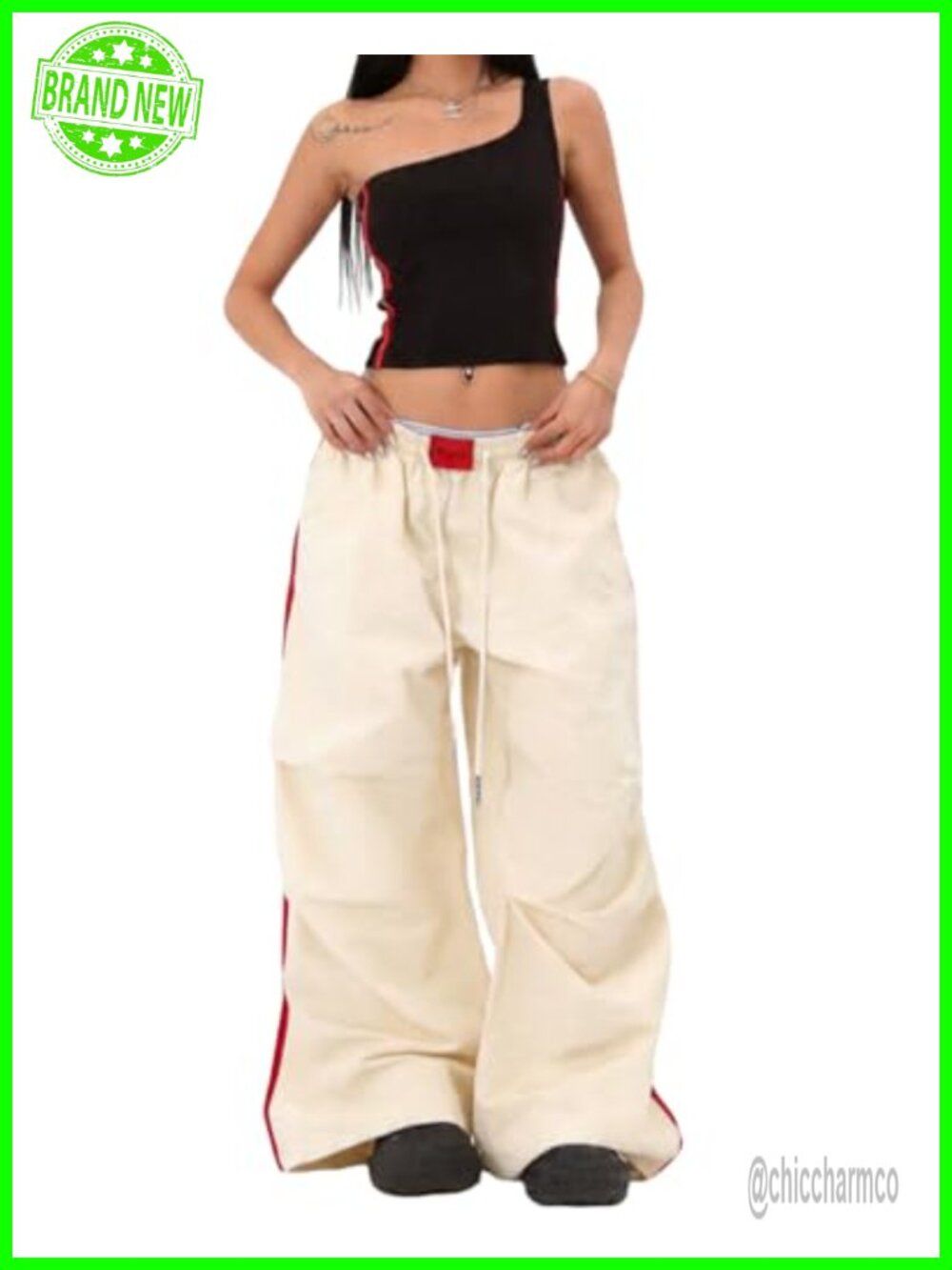 Y2K Wide Leg Cargo Parachute Pants Adjustable Hem Drawstring